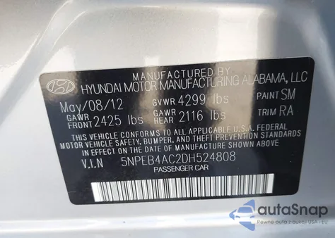 2013 Hyundai Sonata Gls из США, поврежденный, VIN 5NPEB4AC2DH524808